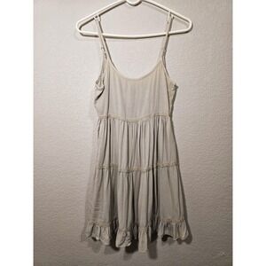 Coquette Mimi Tiered Mini Dress Beige Crochet Trim Boho Sun Dress XS Cottagecore